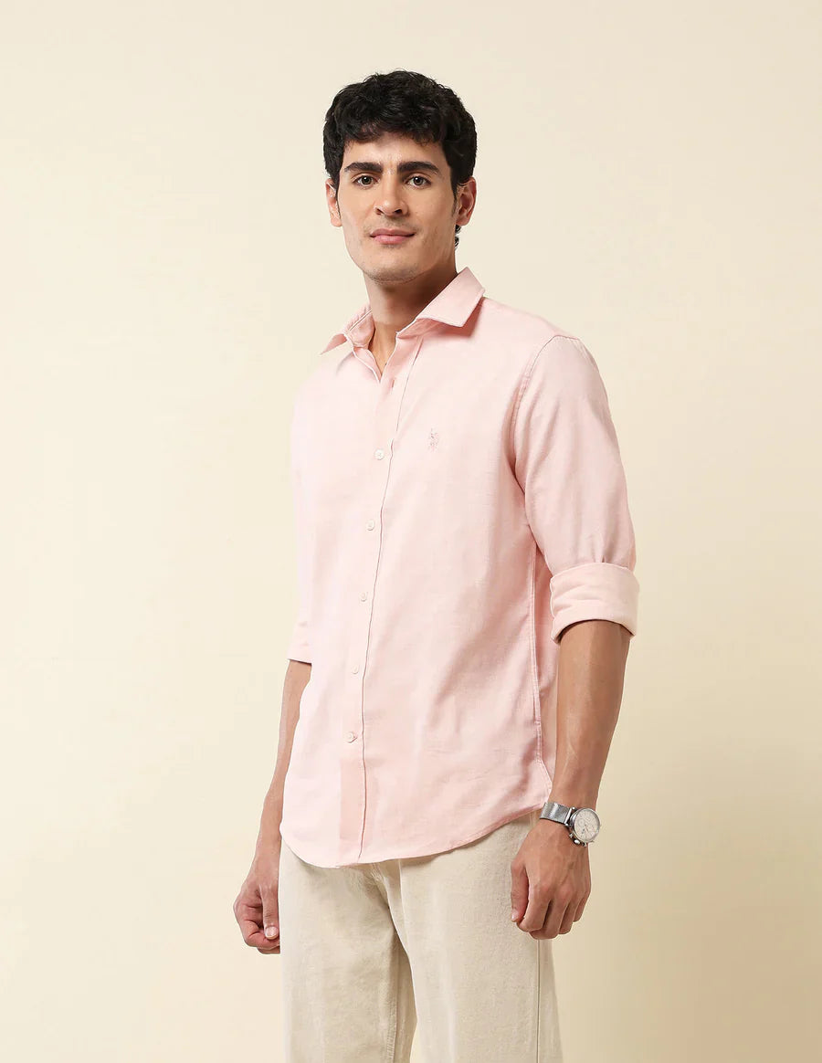 Pink Textured Lenin Cotton Tailored Fit Shirt