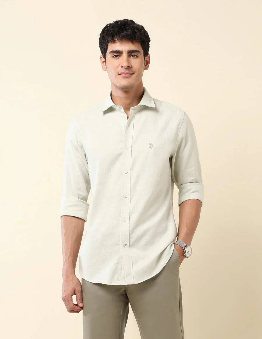 Light Green Solid Linen Cotton Full Sleeve Tailored Fit Shirt