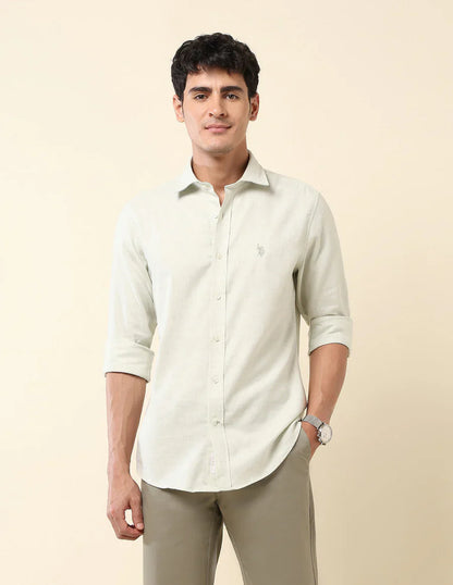 Light Green Solid Linen Cotton Full Sleeve Tailored Fit Shirt