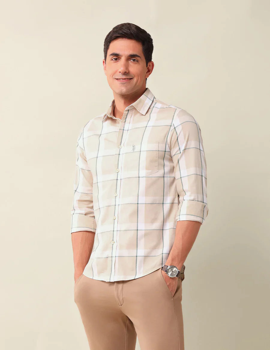 Checkered Spread Collar Beige Cotton Men Shirt