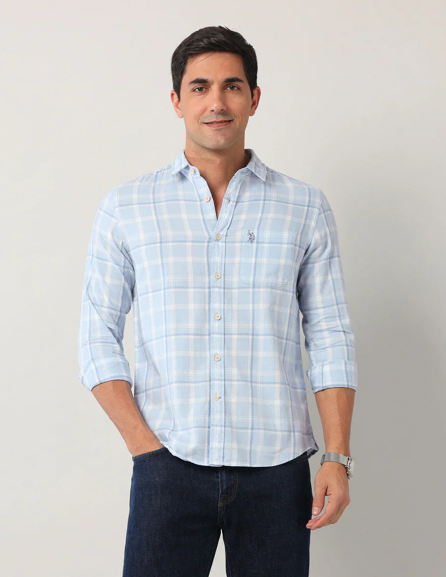 Tartan Checks Light Blue Denim Co Cotton Blend Shirt