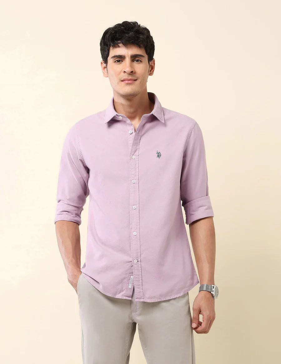Decent Lavender Colour Plain Cotton Tailored Fit Shirt
