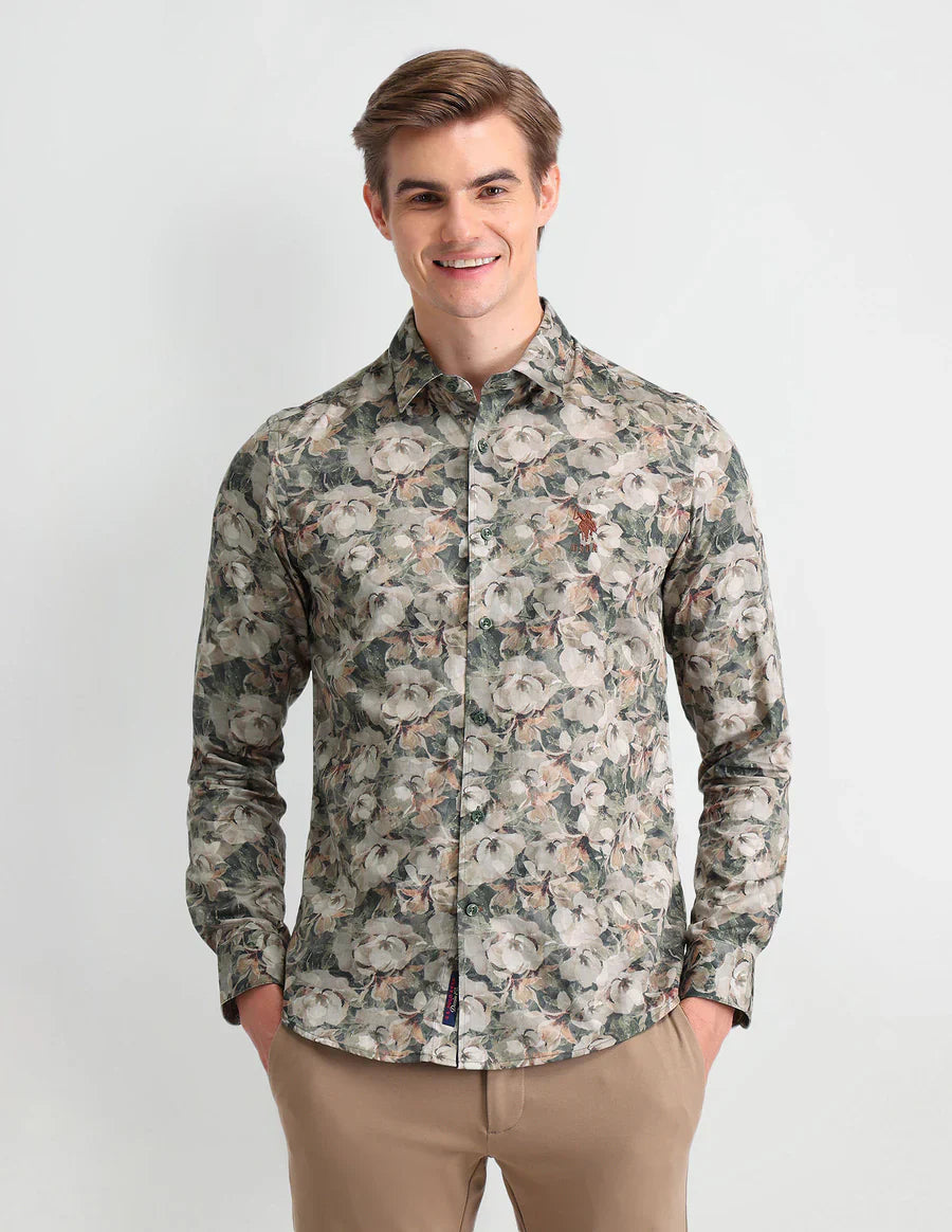 Olive Green Denim Co Digital Print Satin Shirt