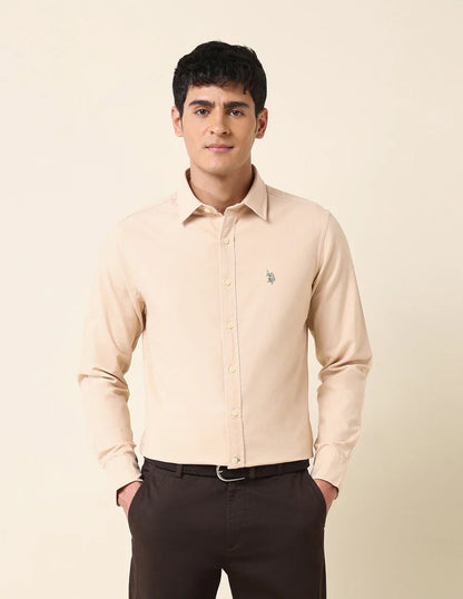 Beige Plain Tailored Fit Cotton Casual Shirt