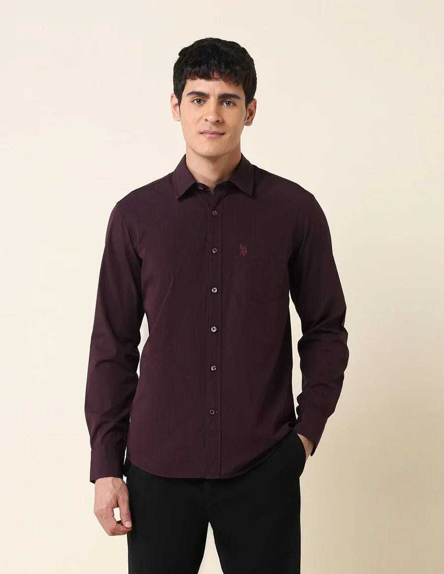 Wine Coloured Stripes Cotton Tailored Fit Casual Shirt