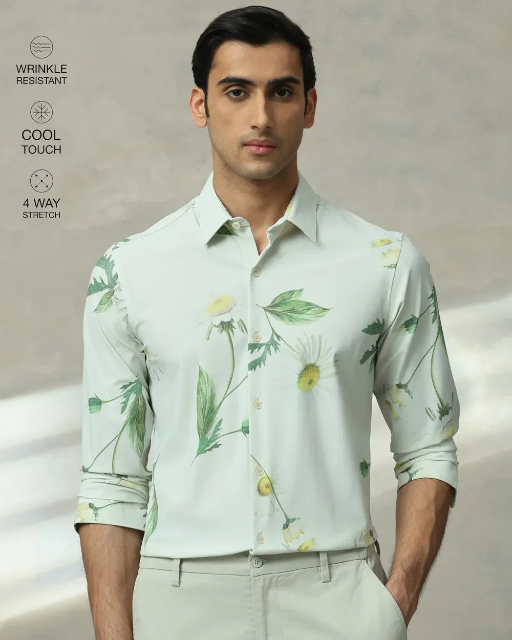 Sage Green Imported Stretch Nylon Full Sleeve Shirt