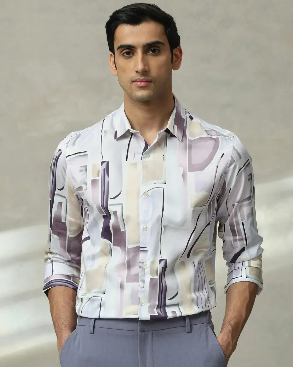Lilac Digital Print Full Sleeve Cotton Slim Fit Shirt