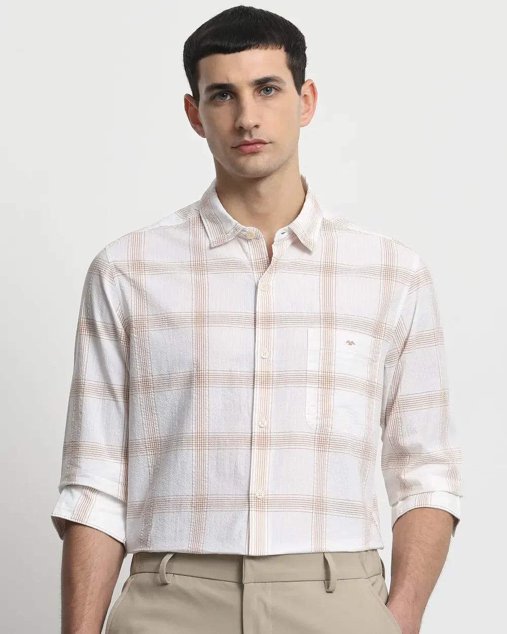 Beige Checks Popcorn-Cotton Full Sleeve Slim Fit Shirt