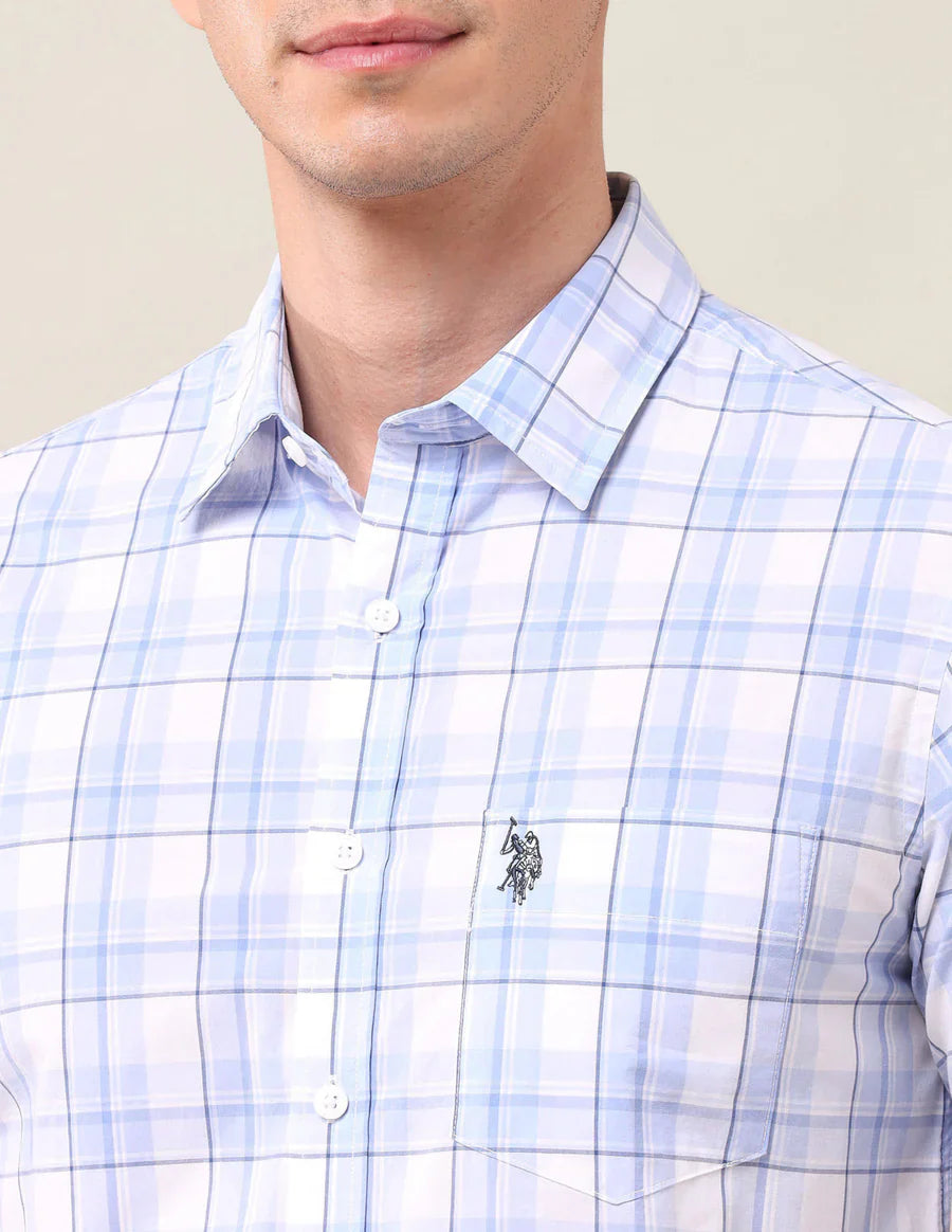 Light Blue Checkered Cotton Tailored Fit Shirt