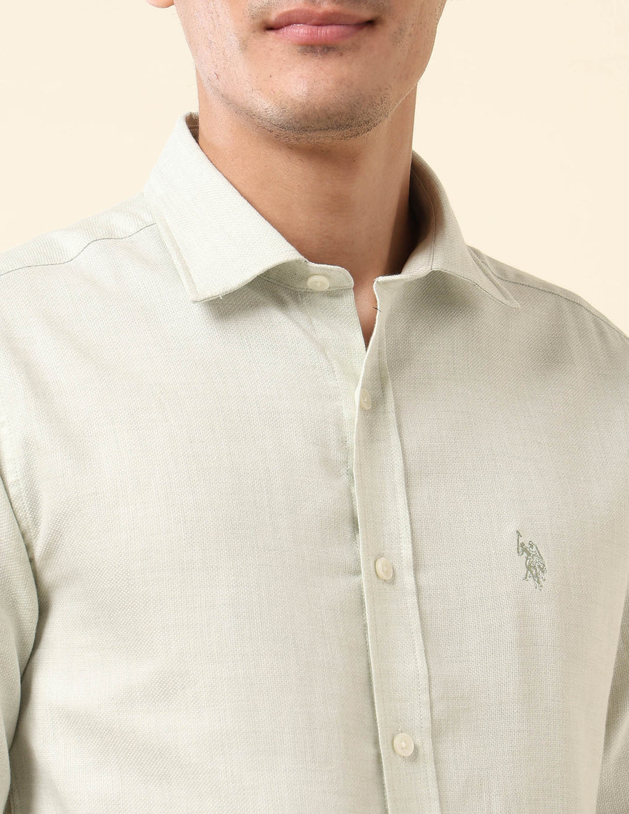 Light Green Solid Linen Cotton Full Sleeve Tailored Fit Shirt