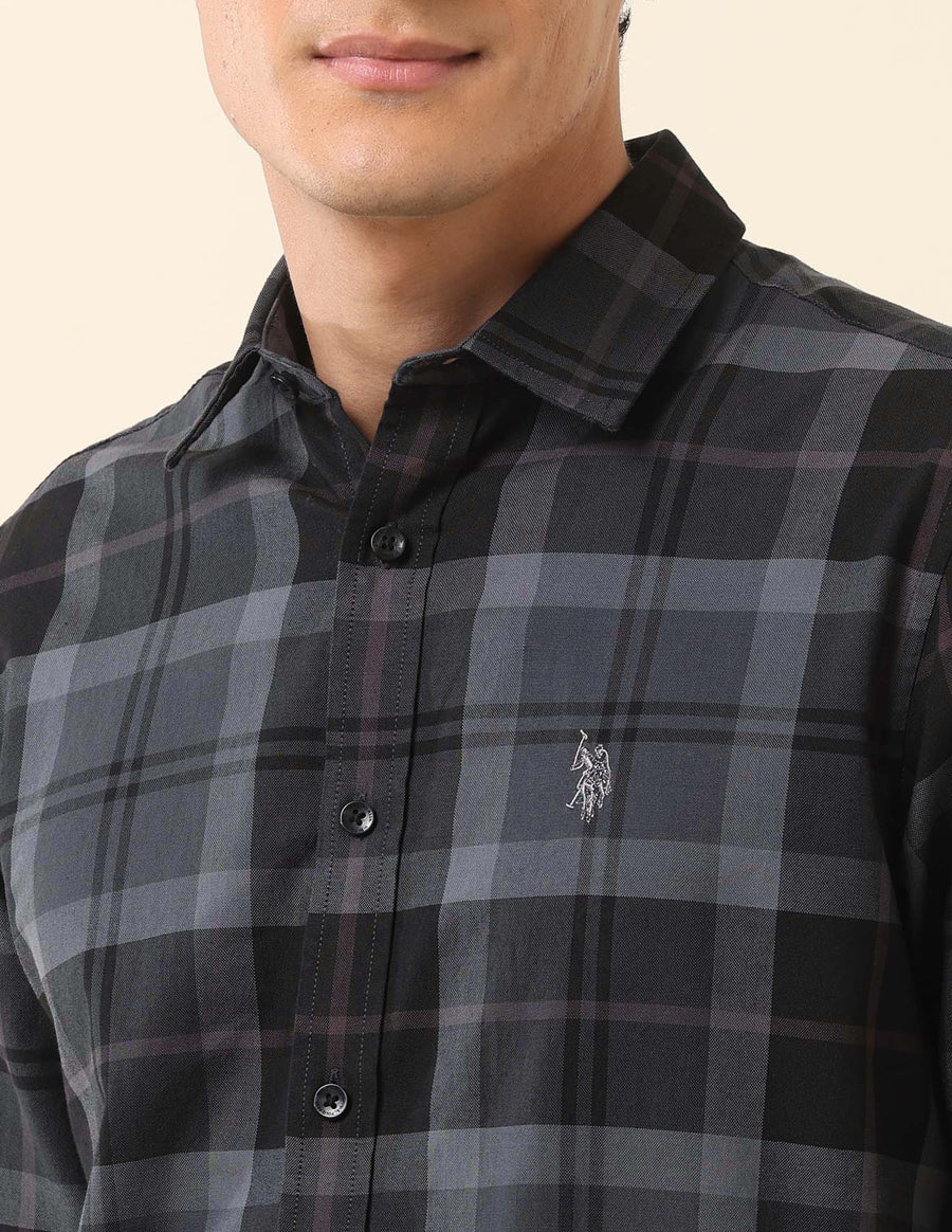 Dark Grey Checkered Spread Collar Cotton Men Shirt