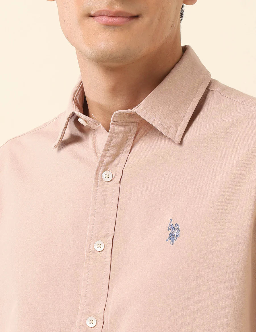 Decent Light Peach Plain Cotton Tailored Fit Shirt