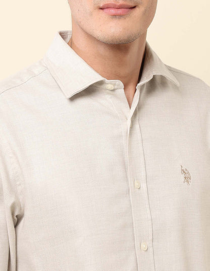 Ecru Color Textured Lenin Cotton Tailored Fit Men&