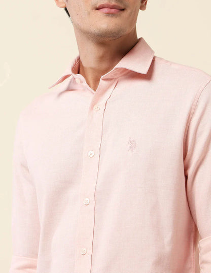 Pink Textured Lenin Cotton Tailored Fit Shirt