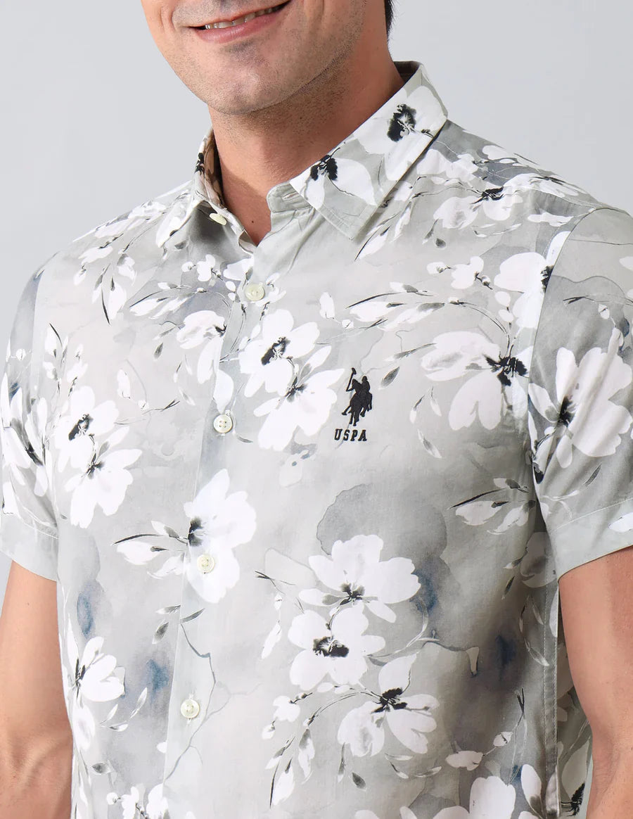Grey Digital Floral Printed Cotton Blend Casual Half Sleeve Shirt