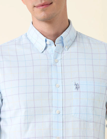 Aqua Blue Tailored Fit Cotton Checks Shirt
