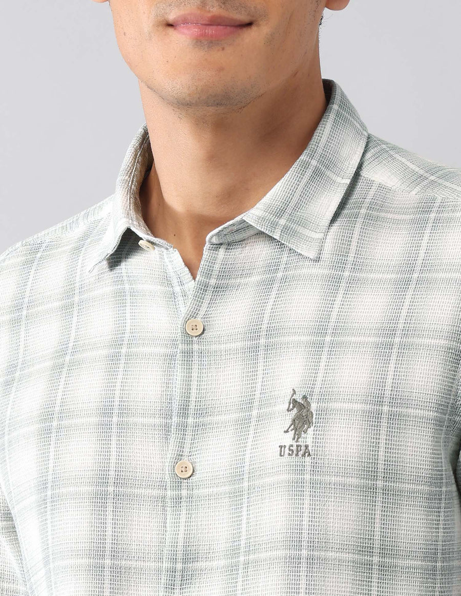 Light Green Tartan Checked Classic Slim Fit Cotton-Jute Shirt