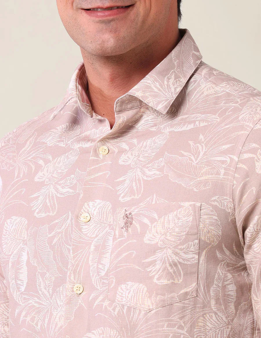 Light Peach Floral Printed Linen Cotton Blend Shirt