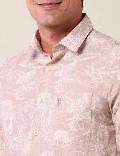 Light Peach Floral Printed Linen Cotton Blend Shirt