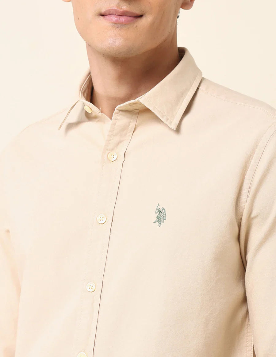 Beige Plain Tailored Fit Cotton Casual Shirt