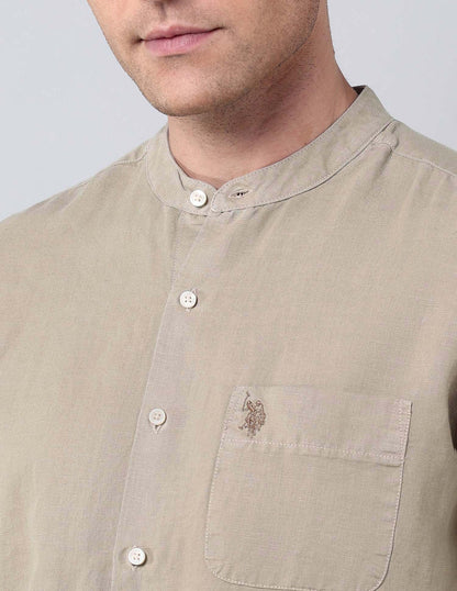 Khaki Colour Pure Cotton Solid Denim Co Full Sleeve Shirt
