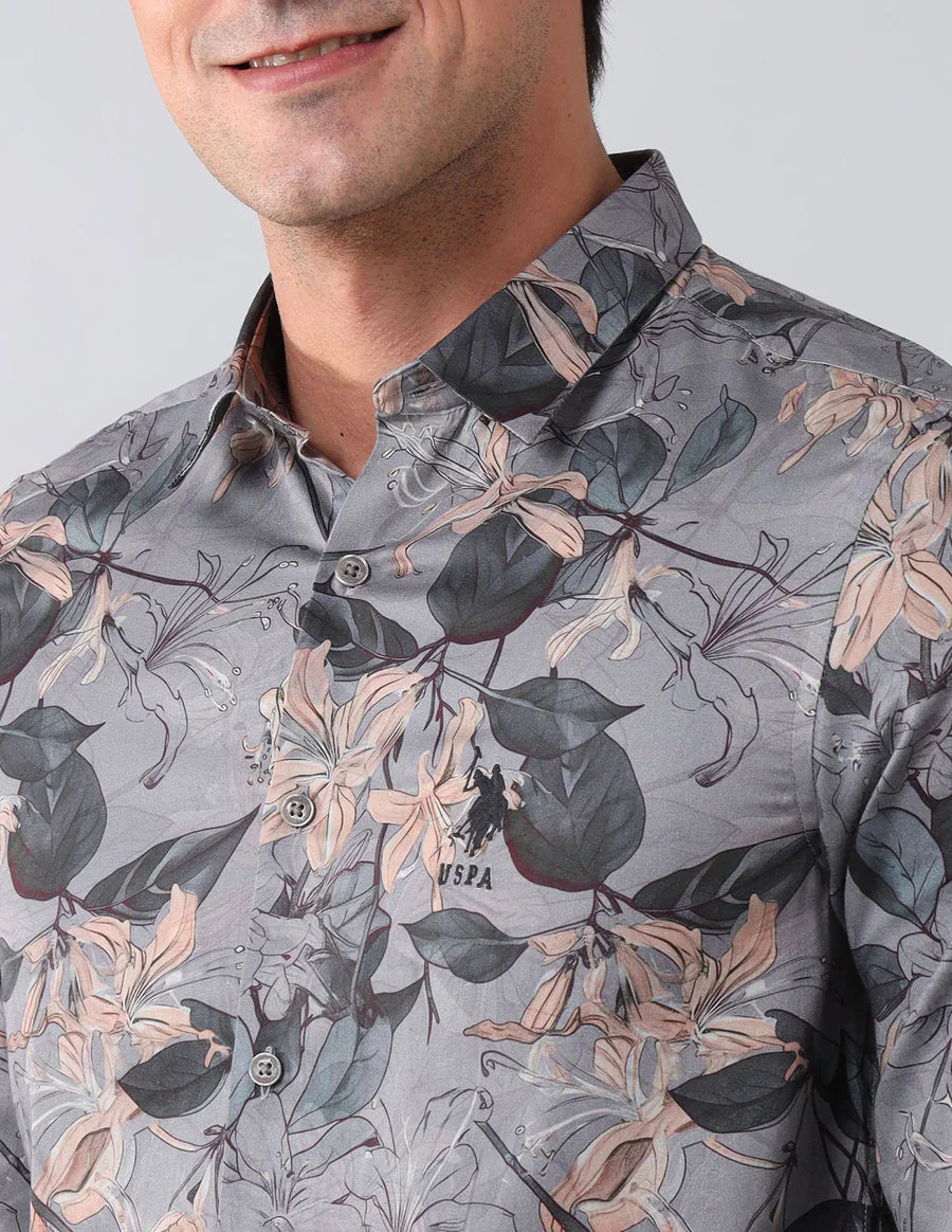 Dark Grey Digital Floral Printed Cotton Blend Casual Shirt