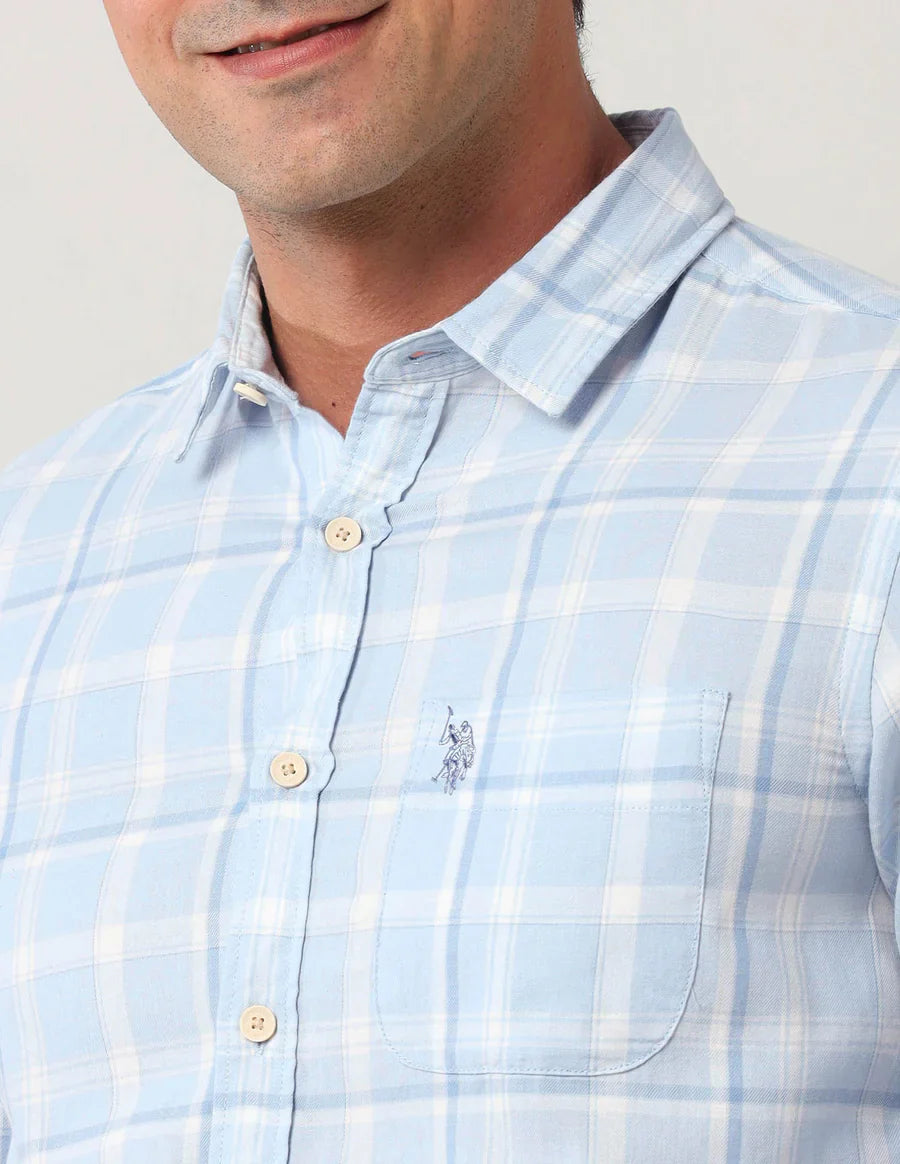 Tartan Checks Light Blue Denim Co Cotton Blend Shirt