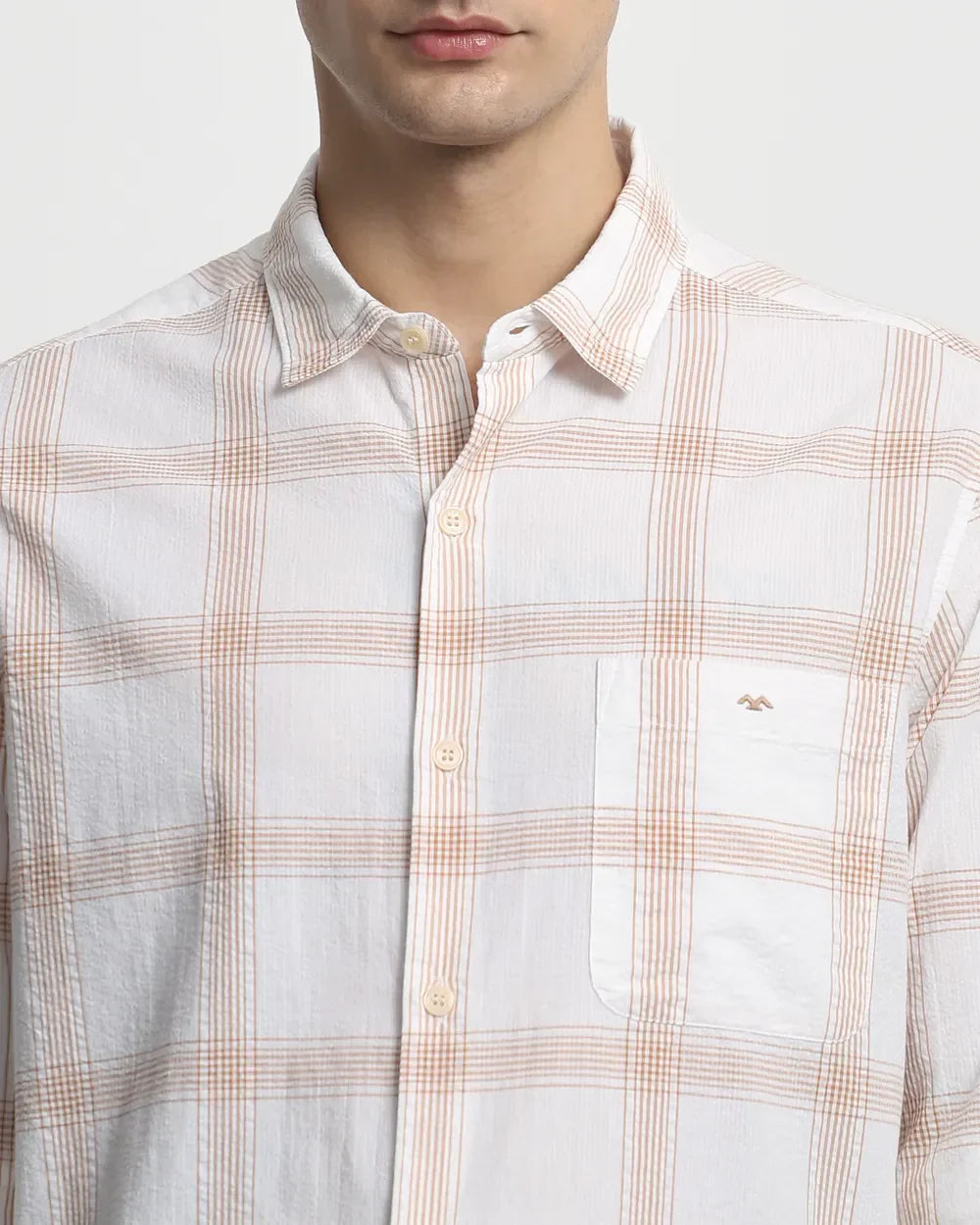 Beige Checks Popcorn-Cotton Full Sleeve Slim Fit Shirt