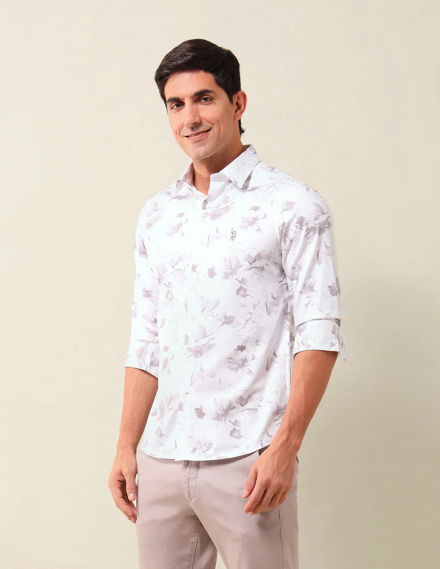 Off White Tailored Fit Floral Print Mercerized Cotton Shirt