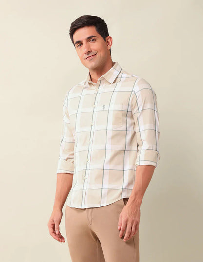 Checkered Spread Collar Beige Cotton Men Shirt