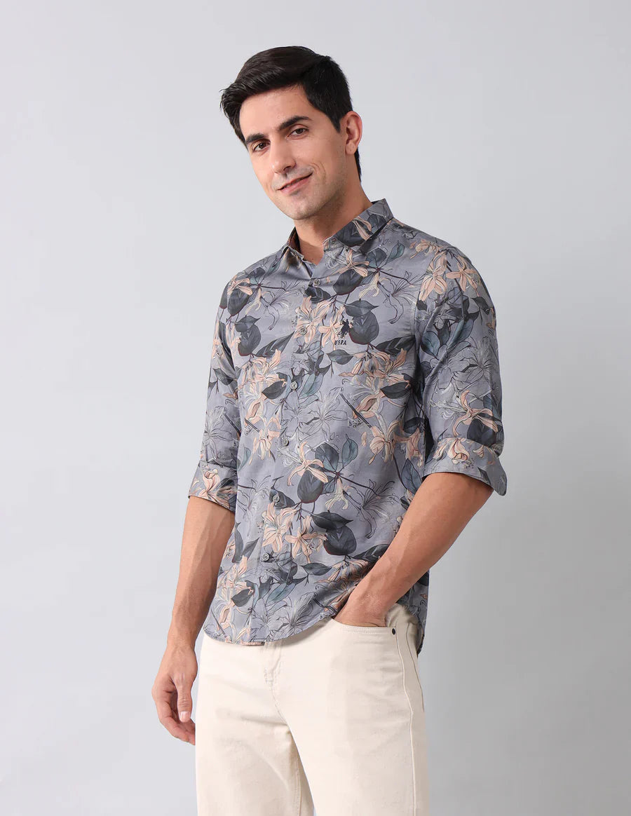 Dark Grey Digital Floral Printed Cotton Blend Casual Shirt