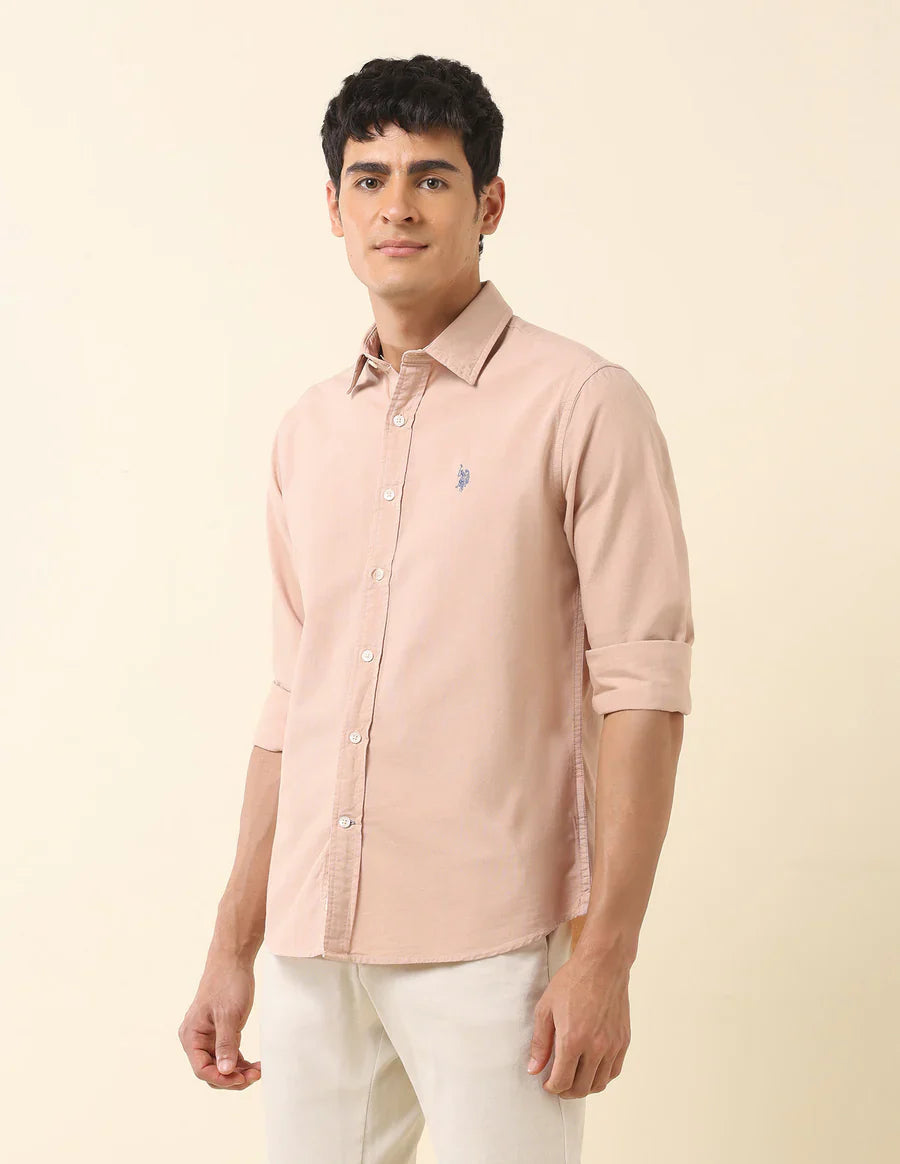 Decent Light Peach Plain Cotton Tailored Fit Shirt
