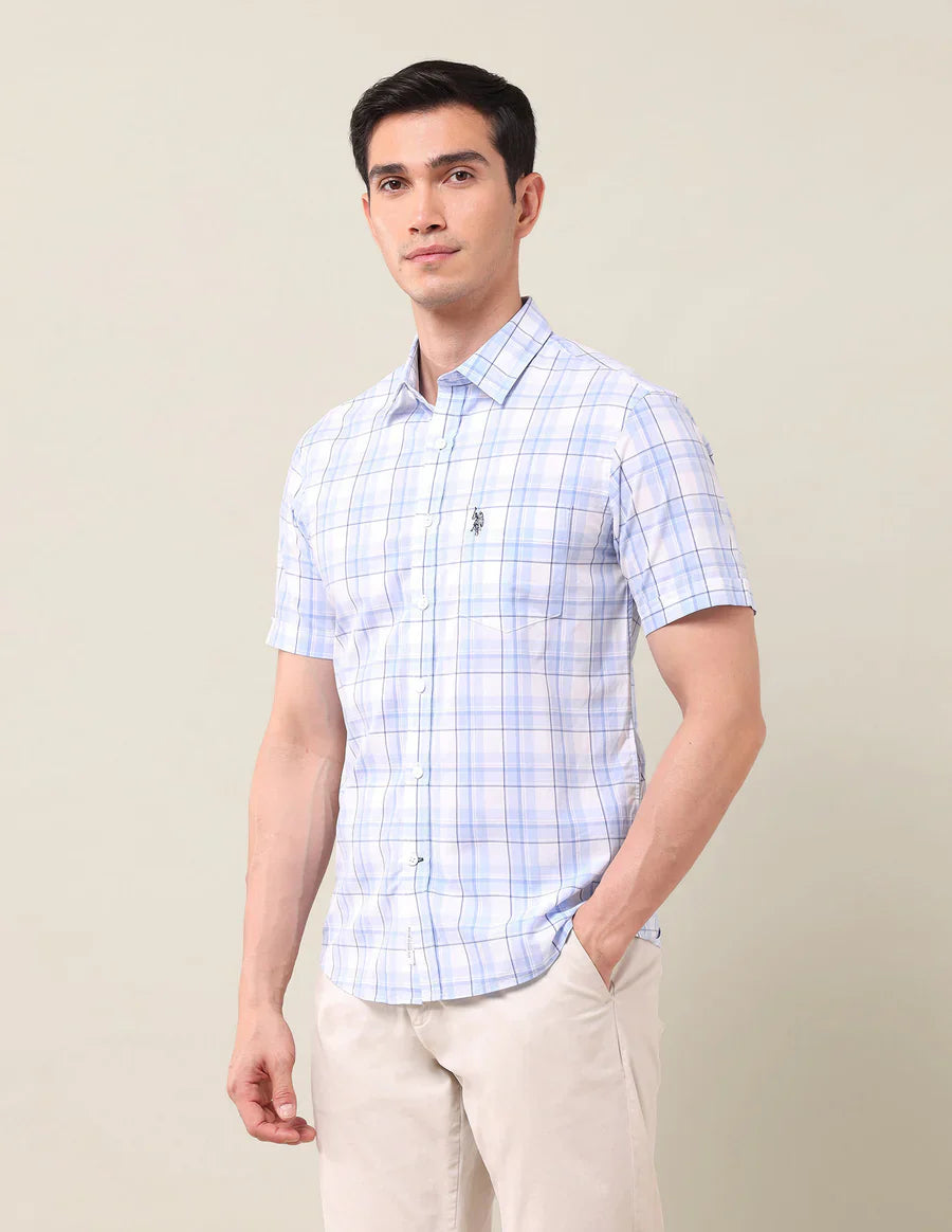 Light Blue Checkered Cotton Tailored Fit Shirt