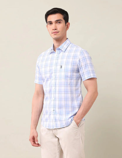 Light Blue Checkered Cotton Tailored Fit Shirt