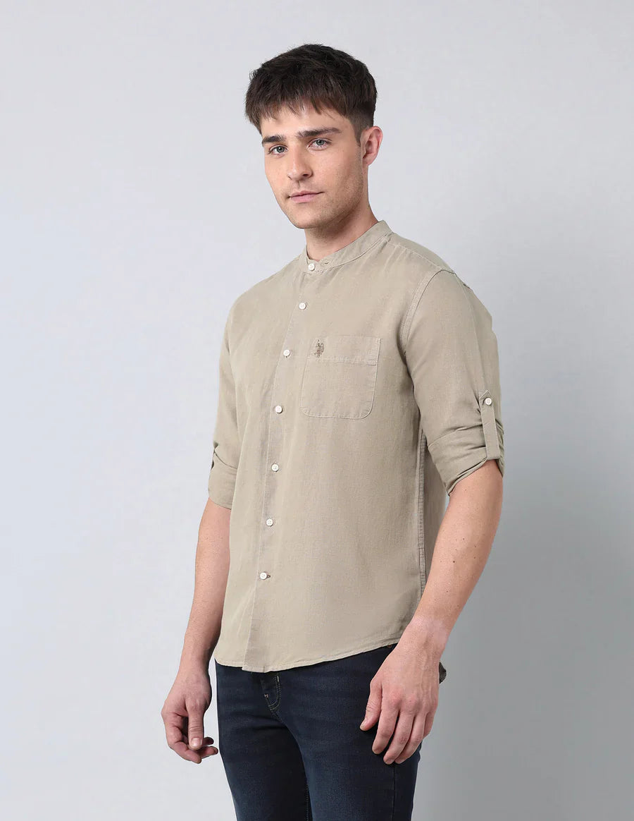 Khaki Colour Pure Cotton Solid Denim Co Full Sleeve Shirt