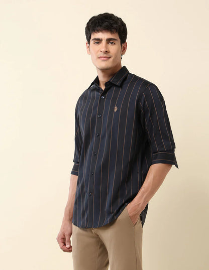 Navy Blue Striped Cotton-Satin Trendy Shirt