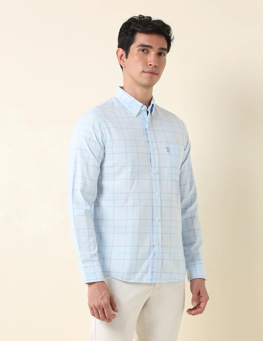 Aqua Blue Tailored Fit Cotton Checks Shirt