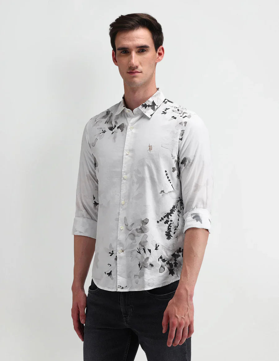 White Floral Printed Denim Co Cotton Men&