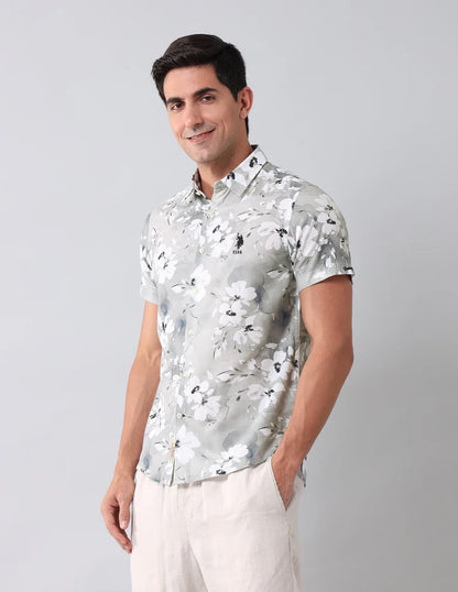 Grey Digital Floral Printed Cotton Blend Casual Half Sleeve Shirt