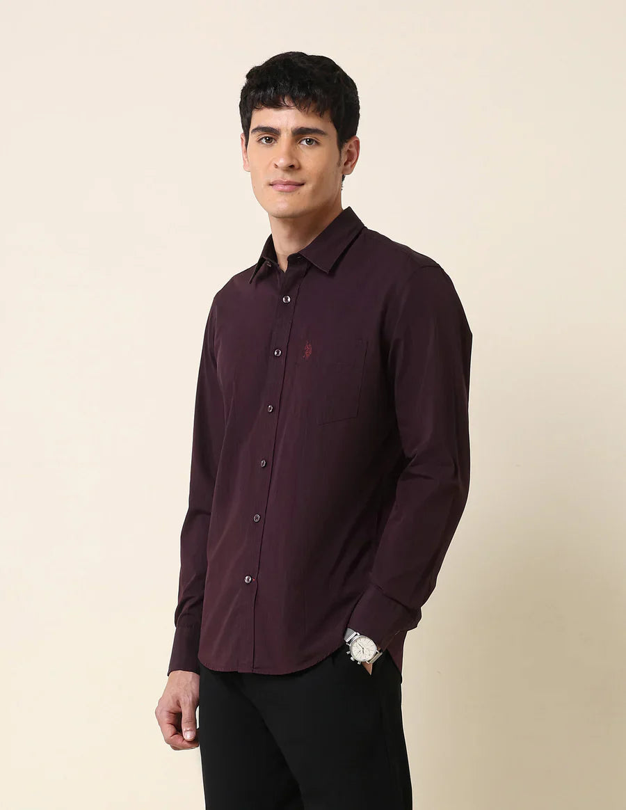 Wine Coloured Stripes Cotton Tailored Fit Casual Shirt