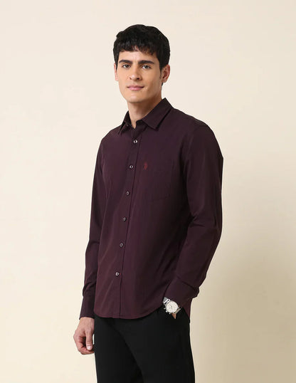 Wine Coloured Stripes Cotton Tailored Fit Casual Shirt