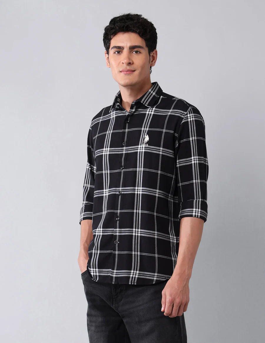 Black Cotton Linen Checks Casual Shirt