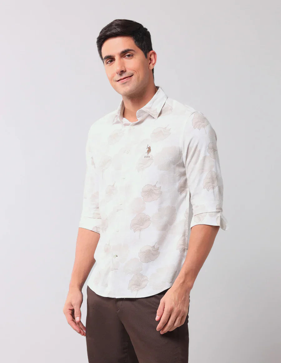 Floral Printed Beige Cotton Denim Co Casual Shirt