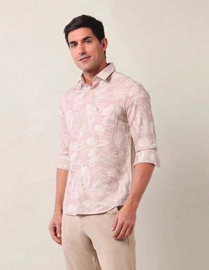 Light Peach Floral Printed Linen Cotton Blend Shirt