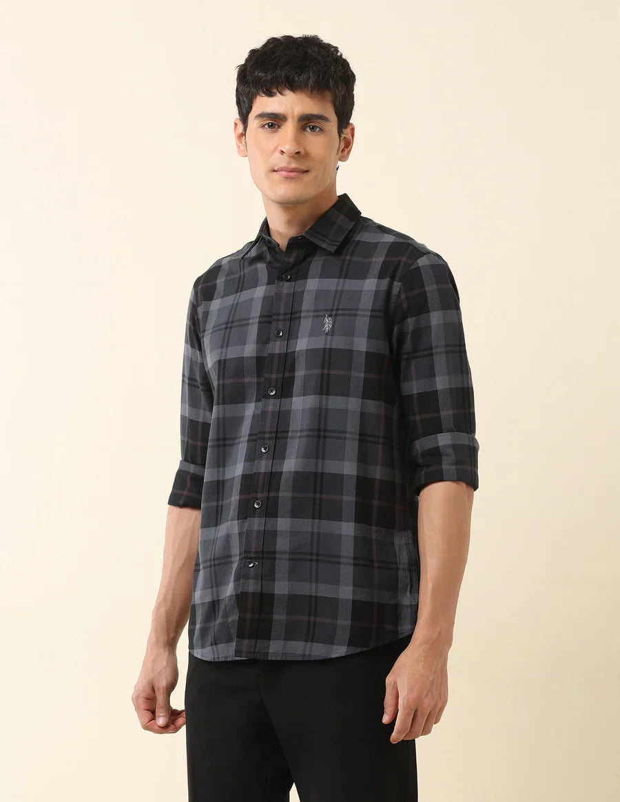 Dark Grey Checkered Spread Collar Cotton Men Shirt
