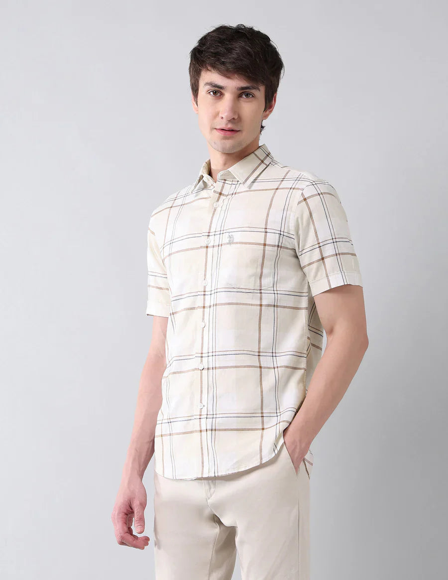 Ecru Checkered Cotton Tailored Fit Classic Shirt