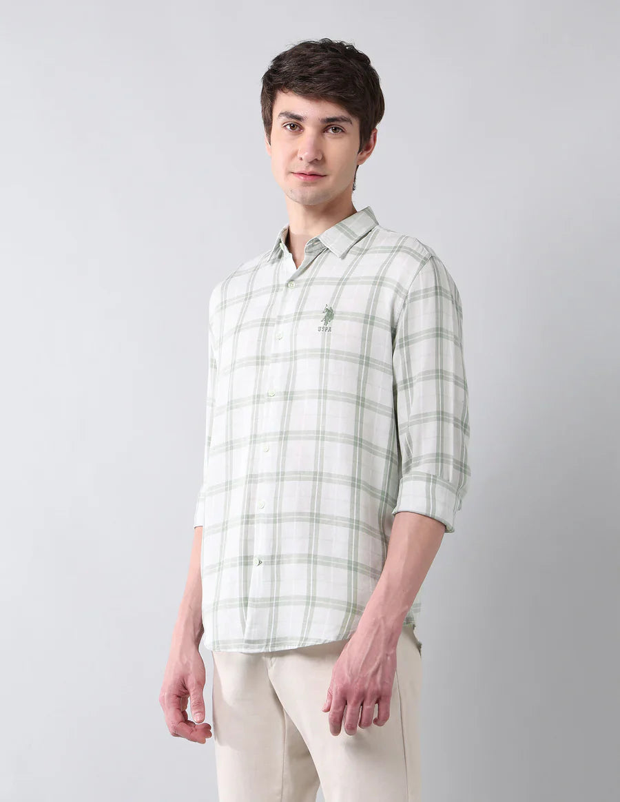 Tartan Checks Light Green Linen Cotton Blend Shirt