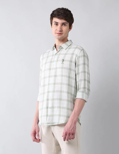 Tartan Checks Light Green Linen Cotton Blend Shirt
