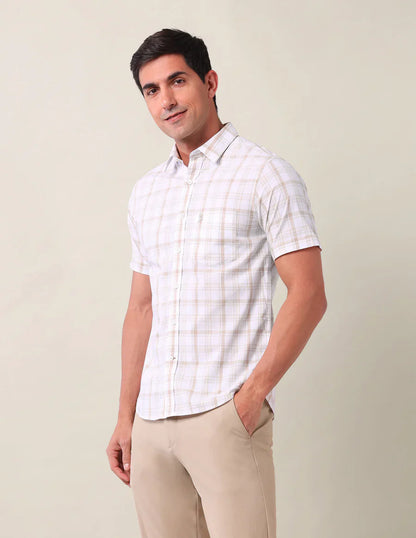 Light Beige Checks Cotton Tailored Fit Shirt