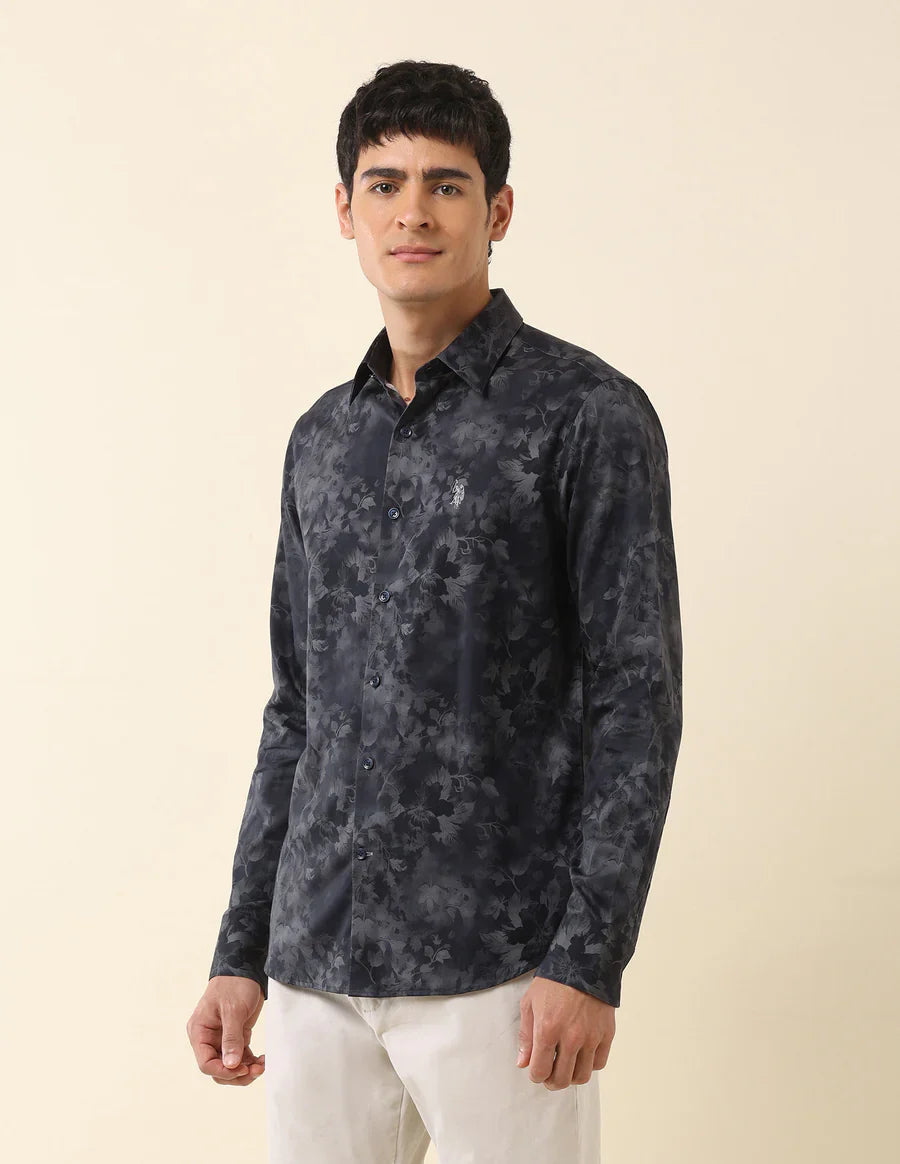 Floral Digital Print Navy Blue Cotton-Satin Party Wear Shirt